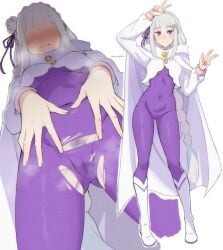 1girl absurdres ass_visible_through_thighs blush bodysuit boots braid braided_ponytail cameltoe cape closed_mouth commentary covered_navel emilia_(re:zero) female_pubic_hair grey_hair hair_ornament hair_ribbon highres kagironsfw long_hair looking_at_viewer multiple_views official_alternate_costume pubic_hair purple_bodysuit purple_ribbon re:zero_kara_hajimeru_isekai_seikatsu ribbon simple_background smile torn_bodysuit torn_clothes very_long_hair white_background white_boots white_cape