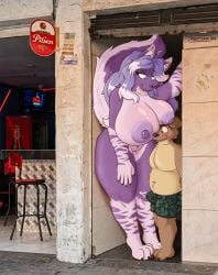 2026 absurd_res anthro bear big_breasts big_female bodily_fluids boob_hat breast_squish breasts brown_body butt butt_grab clothing dominant dominant_female duo erection erection_under_clothing felid feline female genital_fluids genitals hand_on_butt hand_on_leg hi_res male male/female mammal mestysa nipples purple_body rojo_(useable_user) size_difference smaller_male squish standing vaginal vaginal_fluids vulva