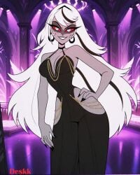 1girls big_ass breasts carmilla_carmine chained chains curvy curvy_body curvy_female curvy_figure dark_skin demon demon_girl demon_humanoid ear_piercing ear_ring earrings eyebrows eyelashes hazbin_hotel long_hair looking_at_viewer milf red_sclera solo solo_female solo_focus toned_body toned_female vivienne_medrano white_eyes white_hair deskk ai_generated artist_name detailed_background smile hand_on_hip black_nails modakawa_dress black_dress sexy_clothing sexy_pose