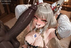 1boy 1girl after_fellatio ai_generated animal_ears armpits blade blush breasts cat_ears catgirl chest_jewel cleavage cum cum_in_mouth cum_on_body cum_on_breasts cum_on_hair cum_on_tongue dark-skinned_male dark_skin detached_sleeves ejaculation erection facial grey_hair hetero huge_penis interracial large_breasts large_penis long_hair low_twintails medium_breasts nia_(blade) nia_(blade)_(xenoblade) nia_(xenoblade) open_mouth penis smile testicles tongue tongue_out twintails uncensored vantawaifu veins veiny_penis very_long_hair xenoblade_(series) xenoblade_chronicles_2 yellow_eyes