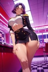 kiraamane ai_generated patreon seductive sexy uncensored watermark hi_res high_quality high_resolution yakumo_ezo mato_seihei_no_slave 1girl checkered skirt from_below breasts race_queen purple_hair miniskirt jacket large_breasts solo tiles short_hair checkered_floor midriff pencil_skirt hand_on_own_thigh looking_at_viewer checkered_background tile_floor thighs indoors red_eyes choker navel open_clothes