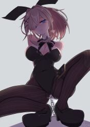 1girl absurdres animal_ear_hairband animal_ears blonde_hair blue_eyes breasts chain commentary_request electrostimulation fake_animal_ears fake_tail female female_only hair_over_one_eye hairband highres large_breasts looking_at_viewer menou_74 nijisanji pantyhose ponytail pussy_juice rabbit_ear_hairband rabbit_ears rabbit_tail solo squatting striped_clothes striped_pantyhose suzuhara_lulu tail variant_set virtual_youtuber