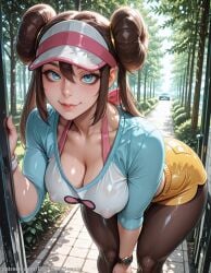 1girl ai_generated ass backdoorsenpai bent_over big_ass blue_eyes blue_shirt breast_focus brown_hair close-up curvy egao eyes_out_of_frame female_focus hair_bun halterneck hanging_breasts head_out_of_frame leaning_forward medium_breasts multicolored_clothes multicolored_shirt naughty_face naugty_eyes nintendo pantyhose perky_breasts pink_bow plunging_neckline pokemon raglan_sleeves revealing_clothes rosa_(pokemon) shirt sideboob sneakers solo thick_thighs thighs twintails visor_cap white_shirt wide_hips wristwatch yellow_shorts