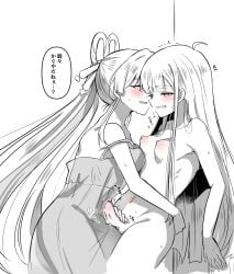 2girls absurdres ahoge bite_mark bite_mark_on_shoulder blush breasts check_translation cho_kaguya-hime! clenched_teeth clothed_female_nude_female collarbone commentary_request cum face-to-face futa_with_female futanari greyscale hair_ornament hair_rings hair_stick handjob highres huleito kaguya_(cho_kaguya-hime!) lingerie long_hair looking_at_another monochrome multiple_girls nude parted_lips partially_translated runami_yachiyo see-through_clothes small_breasts smile spot_color teeth translation_request twintails underwear very_long_hair