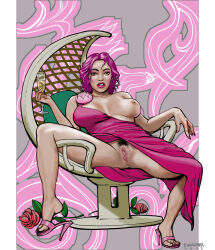 1girl black_pubic_hair breasts brown_eyes champagne_flute commentary cup dixonlyrax dress drinking_glass english_commentary female_pubic_hair flower highres holding holding_cup large_breasts looking_at_viewer mole mole_above_mouth nipples no_panties one_breast_out original pink_dress pink_hair pubic_hair pussy red_flower red_rose rose signature solo spread_legs