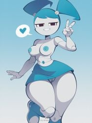 1girl 1girls android big_breasts blue_hair blue_nipples blue_pussy boobs boots fliphrrr heart huge_thighs jenny_wakeman my_life_as_a_teenage_robot nickelodeon peace_sign pussy robot robot_girl skirt smile thick_thighs thin_waist white_skin