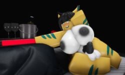 2022 3d bed big_ass big_breasts big_penis black_hair blue_eyes different_colored_body futanari kelly_(voici_voici) roblox robloxian shark_girl voici_voici wine_glass