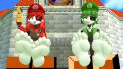 1boy 1girls 3d artist_request dell_spencer foot_fetish furry gmod looking_at_viewer luigi_(cosplay) mario_(cosplay) mario_(series) mimi_sentry robot soles super_mario_64 team_fortress_2
