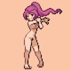 1girl boots boots_only breasts edit elena_(pokemon) elena_(pokemon_reborn) elena_molinar elite_four female_only nipples nude nude_female pink_eyes pink_hair pixel_art pokemon pokemon_fangame pokemon_reborn ponytail sprite sprite_art stretching