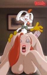 canon_couple jessica_rabbit roger_rabbit interspecies husband_and_wife who_framed_roger_rabbit disney red_hair lips enjoying heart-shaped_pupils rabbit gloves doggy_style front_view big_breasts big_ass size_difference face_down_ass_up implied_penetration mouth_open blush curvy curvy_figure hourglass_figure curvy_female 1girls 1boy bowtie tongue_out accurate_art_style vhs_filter dugg_dig