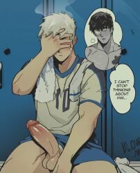 2boys bandage_over_one_eye bandaid bandaid_on_cheek bandaid_on_face bara biceps blue_shorts blush broad_shoulders commentary cowboy_shot english_commentary english_text gay gay_male hand_on_own_face head_steam highres imminent_masturbation large_penis locker locker_room male_focus multiple_boys muscular muscular_male on_bench original parted_lips penis penis_out pubic_hair pubic_hair_peek shiny_skin shirt shorts sitting socks speech_bubble striped_blush testicles thick_thighs thighs thought_bubble toumaart towel towel_on_one_shoulder unworn_socks white_hair white_shirt yaoi
