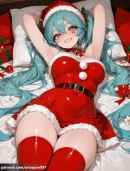ai_generated hatsune_miku vocaloid arlequin097 1girl solo long_hair breasts looking_at_viewer blush smile blue_eyes large_breasts hair_ornament dress thighhighs hat hair_between_eyes bare_shoulders very_long_hair twintails medium_breasts flower heart thighs lying teeth choker belt on_back armpits grin arms_up aqua_eyes symbol-shaped_pupils fur_trim pillow strapless zettai_ryouiki covered_navel bell aqua_hair on_bed bed_sheet facial_mark heart-shaped_pupils short_dress red_dress white_flower red_headwear arms_behind_head christmas strapless_dress jingle_bell buckle pom_pom_(clothes) neck_bell black_belt gift santa_hat santa_costume shiny_clothes belt_buckle gift_box red_choker red_thighhighs hair_spread_out fur-trimmed_dress fur-trimmed_headwear santa_dress head_on_pillow pink_pupils