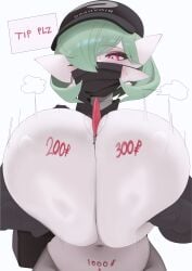 1girl anthro backpack bag baseball_cap black_hat black_mask black_shrug blush bodywriting brand_name_imitation breast_grab breast_squeeze breasts breath colored_skin commentary covered_mouth covered_navel covered_nipples cowboy_shot delivery delivery_girl english_commentary eyelashes gardevoir generation_3_pokemon green_hair grey_skin hair_over_one_eye hat highleg highleg_leotard highres huge_breasts impossible_clothes impossible_leotard leotard looking_at_viewer mask mouth_mask multicolored_skin nintendo pantyhose partial_humanization pokemon pokemon_(species) red_eyes short_hair shrug_(clothing) simple_background solo standing thekite thick_thighs two-tone_skin white_background white_leotard white_skin zipper_pull_tab