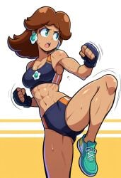 1girls abs ai_generated bloomers brown_hair civitai evilkermit512 exercise_clothing fit_female mario_(series) medium_breasts mma_gloves princess_daisy simple_background solo sports_bra stable_diffusion standing_on_one_leg sweat teal_eyes tennis_shoes toned_body toned_female training workout