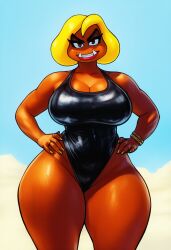 ai_generated anthro beach blonde_hair blue_sky brown_skin dark-skinned_female dark_skin fangs female female_only goomba hand_on_head mario_(series) mole mole_under_eye nai_diffusion nintendo posing red_lipstick remake sand smile smiling stable_diffusion swimsuit swimwear thick_lips thick_thighs water wide_hips