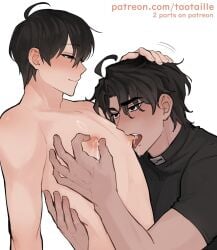2boys belt_collar black_hair black_shirt clothed_male_nude_male collar drinking_milk flustered hand_on_another's_back hand_on_another's_head kim_dokja lactating lactation male_focus male_lactation multiple_boys nipple_stimulation nipple_tweak nipples nude omniscient_reader's_viewpoint shirt short_hair smile taotaille yaoi yoo_joonghyuk
