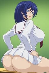 1girl ass blue_eyes solo breasts blue_hair school_uniform sitting choker skirt looking_at_viewer earrings jewelry short_hair looking_back large_breasts smile hands_on_hips no_panties serafuku green_background pleated_skirt thighs white_skirt necktie from_behind long_sleeves huge_breasts narumi_asaka cardfight!!_vanguard unjobdespiert ai_generated 1female curvy huge_ass big_breasts big_ass 1girls 2026 artist_name watermark hi_res highres high_quality high_resolution patreon_username patreon