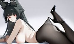 ai_generated animal_ears artist_name ass_focus black_hair black_pantyhose blush female from_behind high_heels hoshimi_miyabi large_breasts long_hair looking_back nipples red_eyes sheer_pantyhose shineinsfw shiny_skin smile solo sweat topless wet_skin wolf_ears zenless_zone_zero