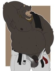 male male_only bara barazoku muscles muscular anthro furry bear ursid scar scar_across_eye overweight zenless_zone_zero ben_bigger penis balls solo solo_male sacherbullbear shirtless hand_behind_head armpit armpit_hair flaccid penis_out sweat sweating