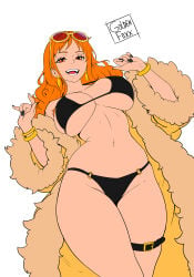 1girl absurdres bangle bikini bracelet breasts coat commentary earrings english_commentary eyewear_on_head female female_only fur_trim goldenfoxx groin highres jewelry large_breasts looking_at_viewer nami_(one_piece) navel one_piece open_clothes open_coat open_mouth orange_eyes orange_hair skindentation swimsuit