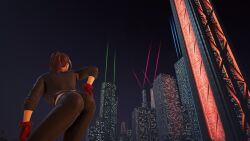 1girls 3d 3dcg absurd_res absurd_resolution absurdres ass ass_cleavage black_leggings brown_hair_female character_request cityscape edited_screencap female female_only game_cg hand_on_hip high_resolution highres leaning_hips leggings mirroidal red_gloves saints_row saints_row_the_third seductive_dance short_hair_female skyscrapers source_request unbothered