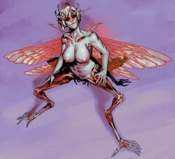 bone breasts fairy female hi_res horn humanoid humanoid_pointy_ears insect_wings looking_at_viewer monster monstrous_humanoid navel nipples nude pointy_ears smile solo unusual_legs viscerart wings