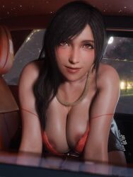 final_fantasy final_fantasy_vii tifa_lockhart jul3d jul3dnsfw girls big_breasts black_hair breasts hi_res blender 3d solo red_eyes nail_polish makeup long_hair large_breasts female_only female earings highres uncensored car night