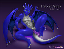 1boy anal anthro claws dildo dragon erection firondraak fossil furry furry_only horns looking_at_viewer male male_only naughty_face nude penis precum scalie sex_toy solo tail testicles text wings