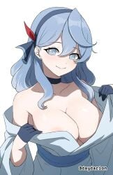 1girls 1girl blue_hair blue-haired_female blue_eyes blue-eyed_female smile smiling smiley_face smiling_at_viewer closed_mouth_smile tilted_head head_tilt eyebrows_visible_through_hair hairband exposing exposing_self exposing_chest showing_chest exposing_breasts showing_breasts presenting_breasts revealing_breasts busty busty_female busty_girl adult adult_female mature_female mature large_breasts large_boobs big_breasts big_boobs areola_slip areolae_slip breasts choker black_choker dayyo_(daydarion/day-chan) pierced_ear ear_piercing ako_(blue_archive) blue_archive kimono japanese_clothes japanese_clothing
