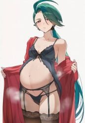 elite_four enjoying_pregnancy exposing_self green_hair langerie large_breasts looking_at_viewer maternity_clothes maternity_dress mtkpasta necklace nipples_visible_through_clothing pokemon pokemon_sv pregnancy pregnant pregnant_belly pregnant_female red_eyes rika_(pokemon) sexy sexy_female solo solo_female teal_hair