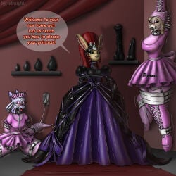 absurd_res anthro april_(eligitine) bdsm bondage bound clothing collar dominant dominant_female dragon dress dungeon felid feline female female/female femboy gown group hi_res lagomorph latex leash leporid long_dress male male/female mammal mythological_creature mythological_scalie mythology ndrnight night_(ndrnight) princess rabbit royalty scalie trio whip