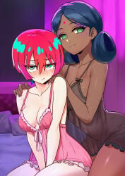 2025 2girls amate_yuzuriha babydoll blue_eyes blush dark-skinned_female eyelashes female female_only green_eyes gundam gundam_gquuuuuux hi_res lalah_sune lalah_sune_(gquuuuuux) light-skinned_female multiple_girls pikumin64 red_eyes see-through strap_gap textless_version