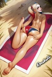 rousherte tagme self_upload ai_generated variant_set harley_quinn dc_comics batman_(series) twintails bicolored_hair from_behind beach sunbathing oil oiled oiled_skin lotion toned ass_focus sand looking_at_viewer feet spreading_ass solo solo_focus 1girl solo_female