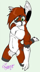 arms black chest_tuft claws cuntboy ear furry green_eyes intersex kansas legs lyenuv muscles navel nude plain_background pussy raised_tail red red_hair signature solo spread_legs spreading tail unknown_species white_fur