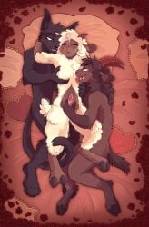2_horns 3_eyes absurd_res ambiguous_gender anthro aroused bed black_body black_fur bodily_fluids bovid brown_body brown_fur caprine claws cloven_hooves cult_of_the_lamb domestic_cat fangs felid feline felis finger_claws flower freckledbastard fur furniture genital_fluids genitals goat goat_(cult_of_the_lamb) heart_pillow hi_res hooves horn lamb_(cult_of_the_lamb) licking_body male mammal mane massive_monster_(studio) multi_eye narinder paws penis petals pillow plant pointy_ears precum red_eyes restricted_palette rose_(flower) rose_petals sharp_teeth sheep teeth white_body white_fur white_wool wool_(fur)