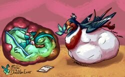 abdominal_bulge animal_genitalia avian avian_feet beak bird blue_body blush bodily_fluids clothing doesnotexist drooling eyes_closed feathered_crest feathered_wings feathers feet female feral feral_pred feral_prey flygon generation_3_pokemon genital_slit genitals gyrotech hat head_crest headgear headwear hi_res internal markings masturbation mistral_(gyro) neck_bulge nintendo oral_vore organs penis pokemon pokemon_(species) red_markings saliva size_difference smaller_pred stomach stomach_acid swellow tail tail_feathers talons toes vore white_body white_markings wings yellow_eyes
