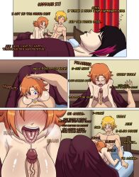 rwby jaune_arc nora_valkyrie lie_ren blonde_hair ginger_hair black_hair blue_eyes teal_eyes text penis breasts saliva saliva_string bruntgonewrong goneawful