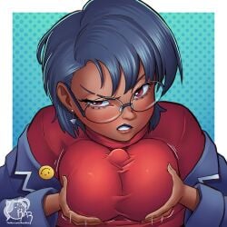 razillon very_high_resolution commission cassette_beasts meredith_(cassette_beasts) 1girls female looking_at_viewer blue_hair dark_blue_hair glasses round_glasses red_eyes one_eye_half-closed earrings grin paizuri titjob paizuri_under_clothes penis_bulge under_clothes