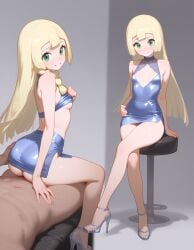 ai_generated bare_legs blonde_hair bubble_butt cleavage focus_on_ass green_eyes heavenly_ass heavenly_body high_heels lap_dance lillie_(pokemon) offering_self perfect_ass pokemon pretty_girl prostitution sexy_pose short_dress skinny_female slim_female slutty_dress slutty_female small_breasts temptation