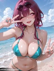 ai_generated arlequin097 kafka_(honkai:_star_rail) honkai:_star_rail 1girl solo long_hair breasts looking_at_viewer blush smile open_mouth large_breasts navel hair_between_eyes cleavage jewelry bare_shoulders purple_eyes collarbone swimsuit purple_hair sidelocks outdoors earrings bikini teeth one_eye_closed sky alternate_costume day cloud stomach nail_polish water blue_sky fingernails wet bare_arms v sideboob skindentation ocean halterneck beach sunglasses eyewear_on_head string_bikini blue_bikini round_eyewear double_v aqua_nails pince-nez aqua_bikini