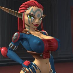 1girls ashelin_praxis big_breasts busty child_bearing_hips cleavage covered_nipples erect_nipples_under_clothes gloves jak_and_daxter jeans large_breasts midriff navel pants partially_clothed pose posing red_lipstick sensual sexy sexy_pose smile teeth thong toned whale_tail wide_hips