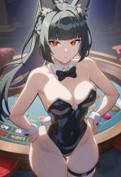 hoshimi_miyabi zenless_zone_zero mihoyo hoyoverse ai_generated lunealter 1girls female female_only female_focus mature_female long_hair black_hair ponytail red_eyes looking_at_viewer neutral_expression light_skin light-skinned_female fox_ears fox_girl bunny_girl bunny_tail bunnysuit alternate_costume partially_clothed black_bunnysuit hands_on_hips medium_breasts big_ass big_thighs thick_thighs thick thick_legs thick_hips exposed_breasts exposed_shoulders exposed_legs sfw uncensored 2026 casino