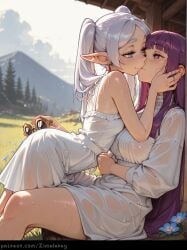 2girls ai_generated artist_name bare_shoulders blunt_bangs blush breasts dress drop_earrings earrings elf fern_(sousou_no_frieren) flower frieren frieren_(sousou_no_frieren) frieren_beyond_journey's_end hi_res high_quality high_resolution highres jewelry kiss large_breasts long_hair long_sleeves looking_at_another mountain mountainous_horizon outdoors parted_bangs patreon_username pointy_ears purple_eyes purple_hair see-through sitting small_breasts smile sousou_no_frieren tree twintails web_address wet wet_clothes wet_dress white_dress white_hair yuri zimalarey