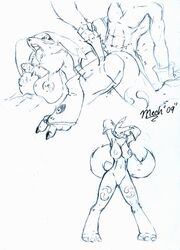 anthro breasts canine digimon female fox from_behind fur furry male mechogama monochrome paizuri penis renamon sex straight