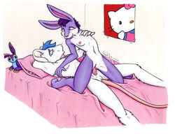 anthro balls bed breasts closed_eyes dragonwolf female flat_chest fur furry grope hello_kitty hello_kitty_(character) hello_kitty_(series) kitty_white lagomorph male nude on_back penetration penis pillow pussy rabbit rat reverse_cowgirl_position rodent sanrio sex straight vaginal_penetration