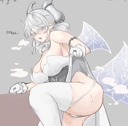 jubchack absurd_res labrynth_of_the_silver_castle lovely_labrynth_of_the_silver_castle yu-gi-oh! duel_monster konami white_hair silver_eyes pointy_ears twintails twin_drills princess queen light_skin younger_female demon demon_girl demon_horns horns solo female female_only exposed one_leg_up raised_leg thighs necklace boobs embarrassed blush butt ass showering exposed_thighs removing_clothing open_mouth nervous