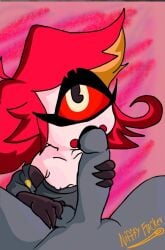 niffty niffty_fucker hazbin_hotel hellaverse vivienne_medrano cyclops demon_girl red_hair oral blowjob baxter_(hazbin_hotel) offscreen_character small_breasts wearing_others_clothes eye_contact