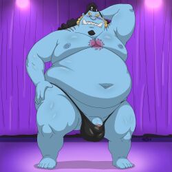 1:1 anthro aquatic belly blue_body bobbellyboy bulge clothing fish-men_(one_piece) flaccid foreskin fupa genitals hi_res jinbe male moobs navel nipples one_piece overweight penis penis_poking_out pose solo thong tusks underwear