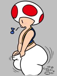 3:4 big_bulge big_butt blush blush_lines bulge butt clothing dressing elemental_creature elemental_humanoid fungi_fauna fungi_humanoid fungus genitals grey_background humanoid light-skinned_male looking_down male mario_(series) mario_bros motion_lines mushroom mushroom_cap mushroom_humanoid musical_symbol nintendo penis side_view simple_background symbol toad_(mario) toni_oni topwear vein veiny_penis vest