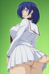 1girl ass blue_eyes school_uniform blue_hair hetero skirt ass_grab earrings breasts 1boy jewelry solo_focus looking_back green_background serafuku smile large_breasts pleated_skirt looking_at_viewer short_hair thighs white_skirt stud_earrings blush thick_thighs groping from_behind sailor_collar simple_background lips no_panties narumi_asaka cardfight!!_vanguard unjobdespiert ai_generated 1female curvy huge_breasts huge_ass big_breasts big_ass 1girls 2026 artist_name watermark hi_res highres high_quality high_resolution patreon_username patreon